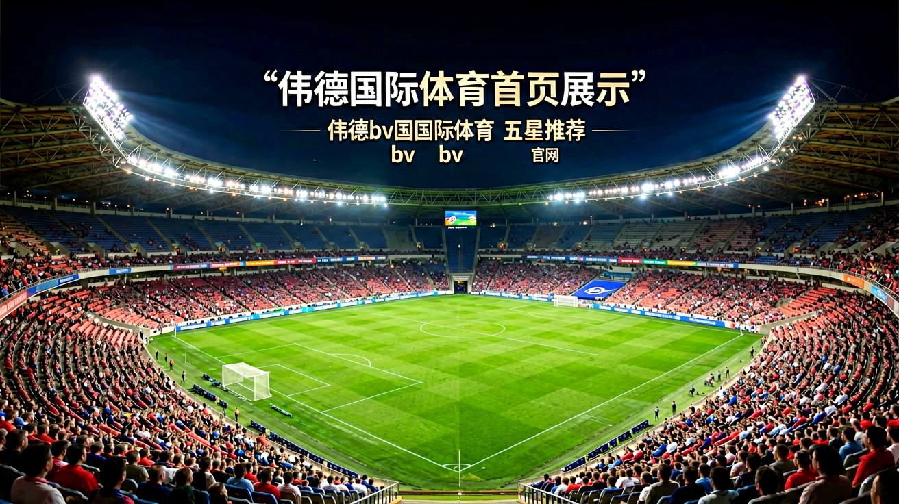 伟德国际体育首页展示：夜晚灯火通明的专业足球场全景，绿茵场与看台清晰可见